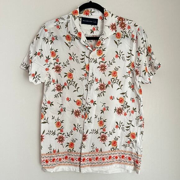 Amercrombie & Fitch Men's White Orange Hawaiian Floral Camp Short Sleeve Shirt - Picture 1 of 8